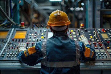 Poster - Operator wearing safety hat behind control panel on a factory.