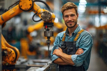 Wall Mural - portrait happy young caucasian male worker robot arm machine operator in metal factory