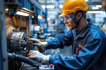 Poster - Caucasian male technician operates heavy machine in factory.