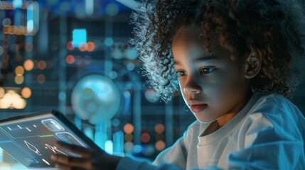 Aufkleber - A child explores an interactive tablet, immersed in a glowing, tech-filled learning space, showcasing curiosity and creativity.
