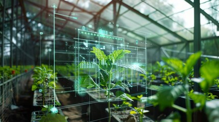 Poster - A young plant in a greenhouse is monitored by a digital interface displaying data and graphics.