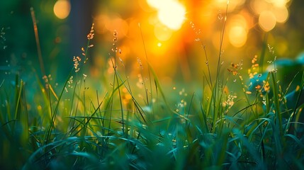 Macro shot of green grass in a summer forest at sunset