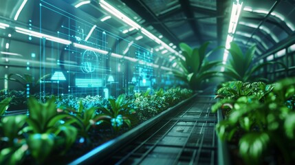 Leinwandbilder - A futuristic indoor plant farm with holographic displays showing plant data and growth information. The green plants are thriving in the controlled environment, illuminated by artificial light.