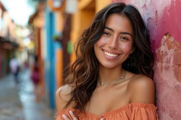 Sticker - Confident middle aged Hispanic woman smiling on street.