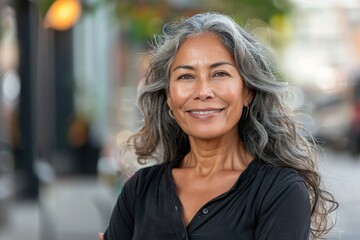 Sticker - Confident middle aged Hispanic woman smiling on street