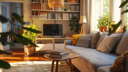 Poster - A warm and inviting living room features a comfortable couch, vibrant plants, a modern TV, and sunlight streaming through the windows.