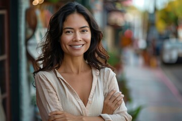 Sticker - Confident middle aged Hispanic woman standing on street smiling