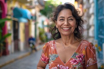 Sticker - Confident middle aged Hispanic woman smiling on street