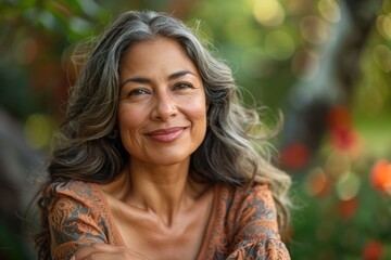 Poster - Happy Hispanic woman outdoors on sunny day.