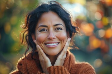 Wall Mural - Happy Hispanic woman outdoors on sunny day.