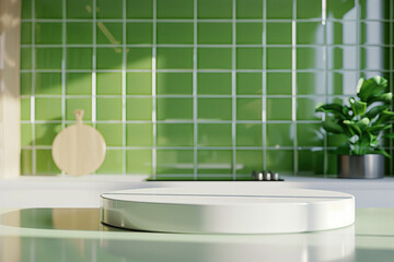 Green contemporary kitchen space with green tiled wall and empty round stone table podium on the foreground