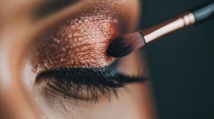 A detailed close-up image capturing the meticulous application of metallic bronze eyeshadow on an eyelid, highlighting the texture and gleam for a sophisticated look.