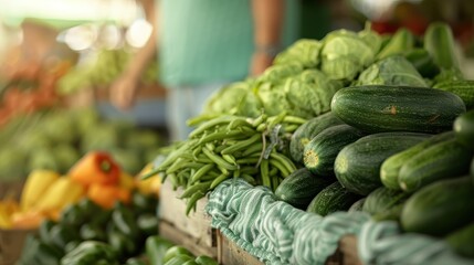 Sticker - A vibrant display of fresh vegetables including cucumbers, beans, and bell peppers at an outdoor market, highlighting the freshness and variety available.