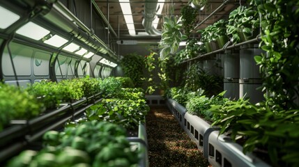 Poster - A long indoor garden features rows of plants growing in containers under artificial lighting.