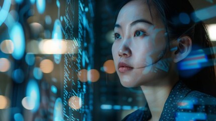 Aufkleber - A young woman examines digital data displayed on screens in a modern, illuminated workspace during the evening.