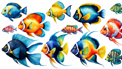 Wall Mural - Colorful Underwater World: Watercolor Fish Art