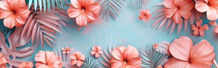 Wall Mural - Peach Fuzz Geometric Floral Tropical Leaves Wall Texture - Colored Background Banner Illustration