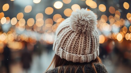 A woman wearing a white knitted hat with a pom-pom, viewed from behind, surrounded by a vibrant, blurred background of festive holiday lights enhancing the warm atmosphere.