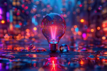 Sticker - Pink light bulb in a rainy setting with colorful reflections symbolizing creativity and resilience in a dramatic artistic photograph.