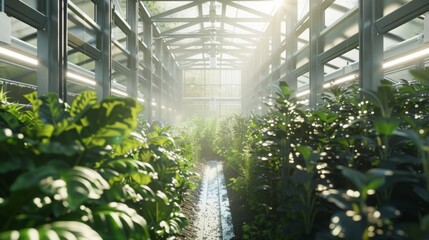 Poster - A view of lush, green plants growing inside a greenhouse. Sunlight streams through the glass ceiling, illuminating the rows of plants.