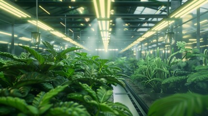 Aufkleber - A close-up view of lush green plants in a modern indoor plant nursery. The plants are being misted by an automated system.