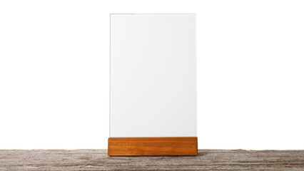 Sticker - Menu holder on wooden table against white background. Mockup for design