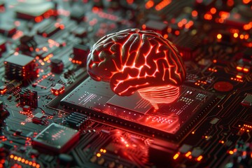 Poster - Brain on a circuit board glowing red symbolizing technological innovation and intelligence in a modern detailed illustration.