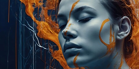 Wall Mural - Digital art piece featuring a close-up profile of a human face, predominantly in shades of blue and orange