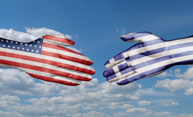 Wall Mural - Greece and USA country handshaking with flags, consensus concept international co-operation illustration