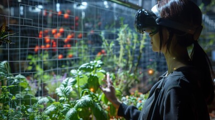 Poster - A woman wearing a VR headset interacts with a virtual environment of plants inside a greenhouse, with real plants in the foreground.