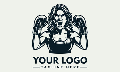 Sticker - Woman Boxer Vector Logo Screaming Strong Young Woman Boxer