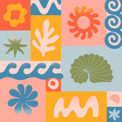 Wall Mural - vector summer illustration with nature organic shapes,doodles.groovy boho palm,beach,surf,waves,sun,