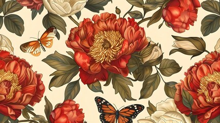 Wall Mural - Vintage floral seamless pattern with peonies and roses