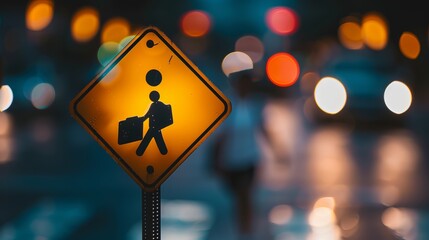 Set of traffic warning sign on blur traffic road with colorful bokeh light abstract background.