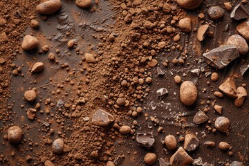 Wall Mural - A close up of a pile of chocolate and rocks. The chocolate is scattered throughout the pile of rocks, with some pieces of chocolate being larger than others. Concept of indulgence and richness