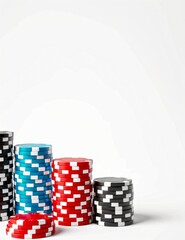 Wall Mural - Colorful poker chips stacked on a plain white background in columns of varying heights. The vibrant array of red, blue, and black chips conveys gaming excitement. 