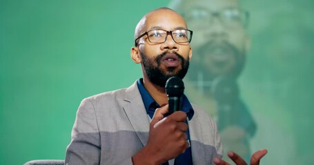 Poster - Black man, mic and speaker at convention for speech, discussion and networking opportunity in industry. Presenter, talking and public speaking for conference, human rights and international guests