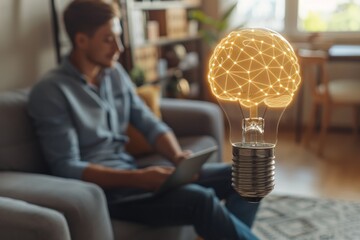 Canvas Print - Man holding a glowing light bulb with wireframe connections symbolizing creativity and technological innovation in a modern high tech photograph.