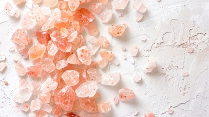 Himalayan pink salt crystals spilled on a white surface