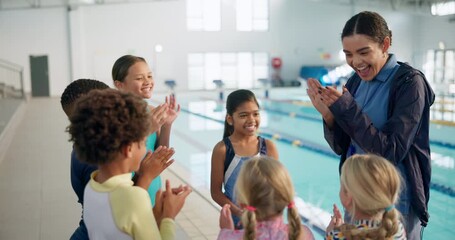 Sticker - Cheering, children in huddle and swimming instructor woman in gymnasium for celebration or motivation. Applause, milestone and team building with coach clapping for kids at indoor pool of school