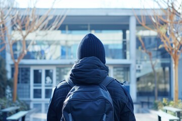 A Young Individual Walking Towards a Modern Educational Building on a Clear Winter Day