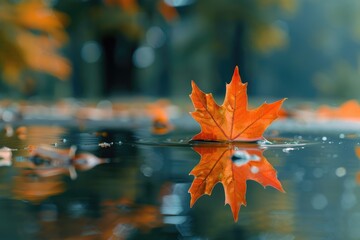 Wall Mural - A leaf is floating on the surface of a body of water