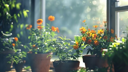 Poster - Potted flowers with orange blossoms sit near a window as sunlight streams in.