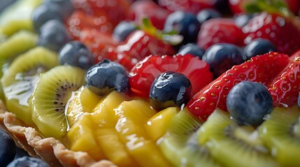 Wall Mural - Close-Up of a Fruit Tart with Kiwi, Strawberries, Mango and Blueberries