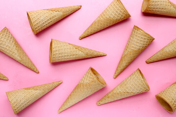 Waffle cones on pink background