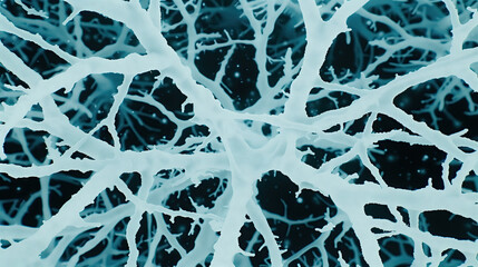 Detailed View of Intricate Neural Network Structure Under Microscope With Blue Background