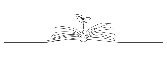 Wall Mural - Opened book with sprout plant in one continuous line drawing . Education study and knowledge concept in simple linear style. Growing wisdom in editable stroke. Doodle contour vector illustration