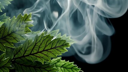 Poster - Green leaves with white smoke on dark