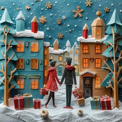 Wall Mural - Origami Paper Town with Couple Walking Through Snowy Christmas Street

