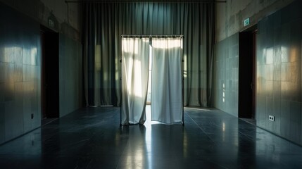 22. An empty voting booth with a privacy curtain, ready for the next voter